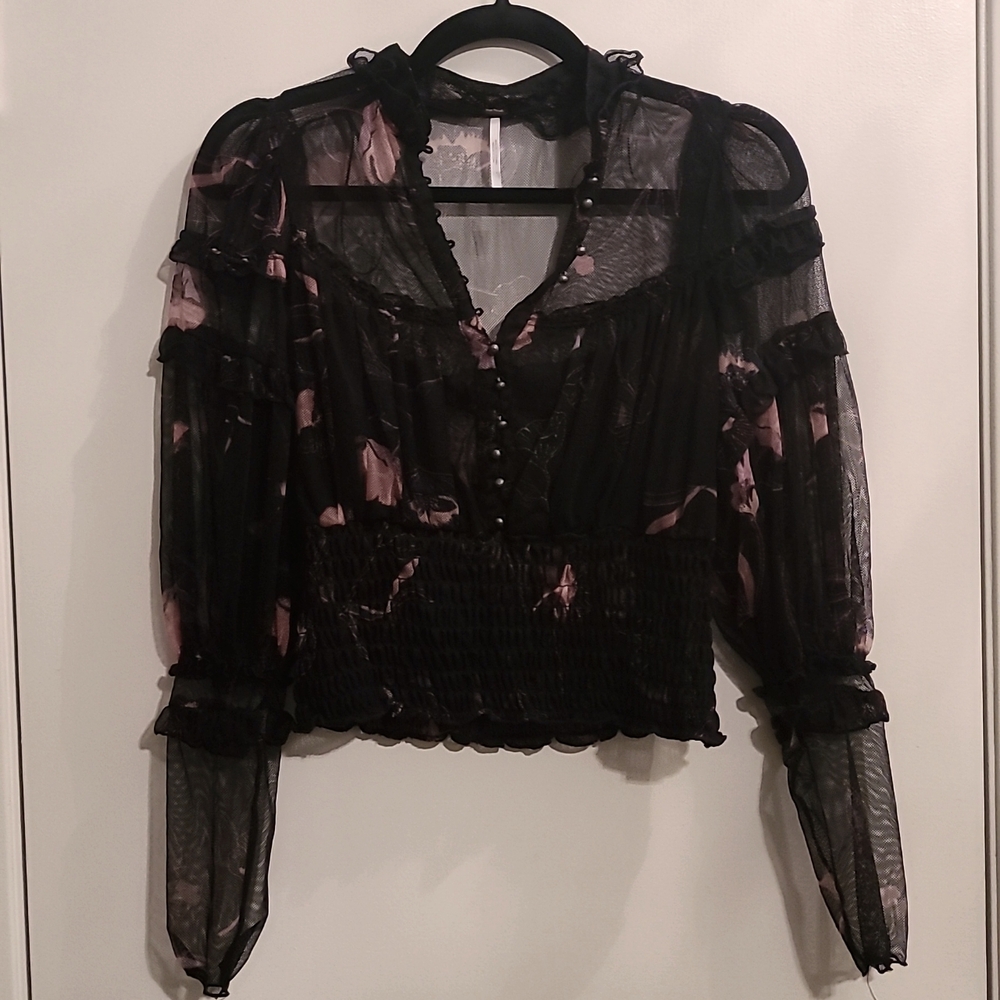 015 Free People Sheer Black Floral Top
